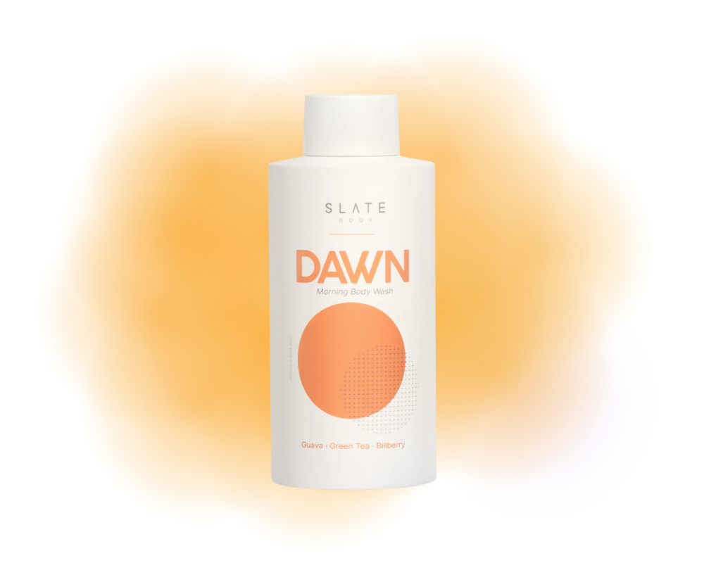 Bottle of Slate Body - Dawn morning body wash product on a gradient background