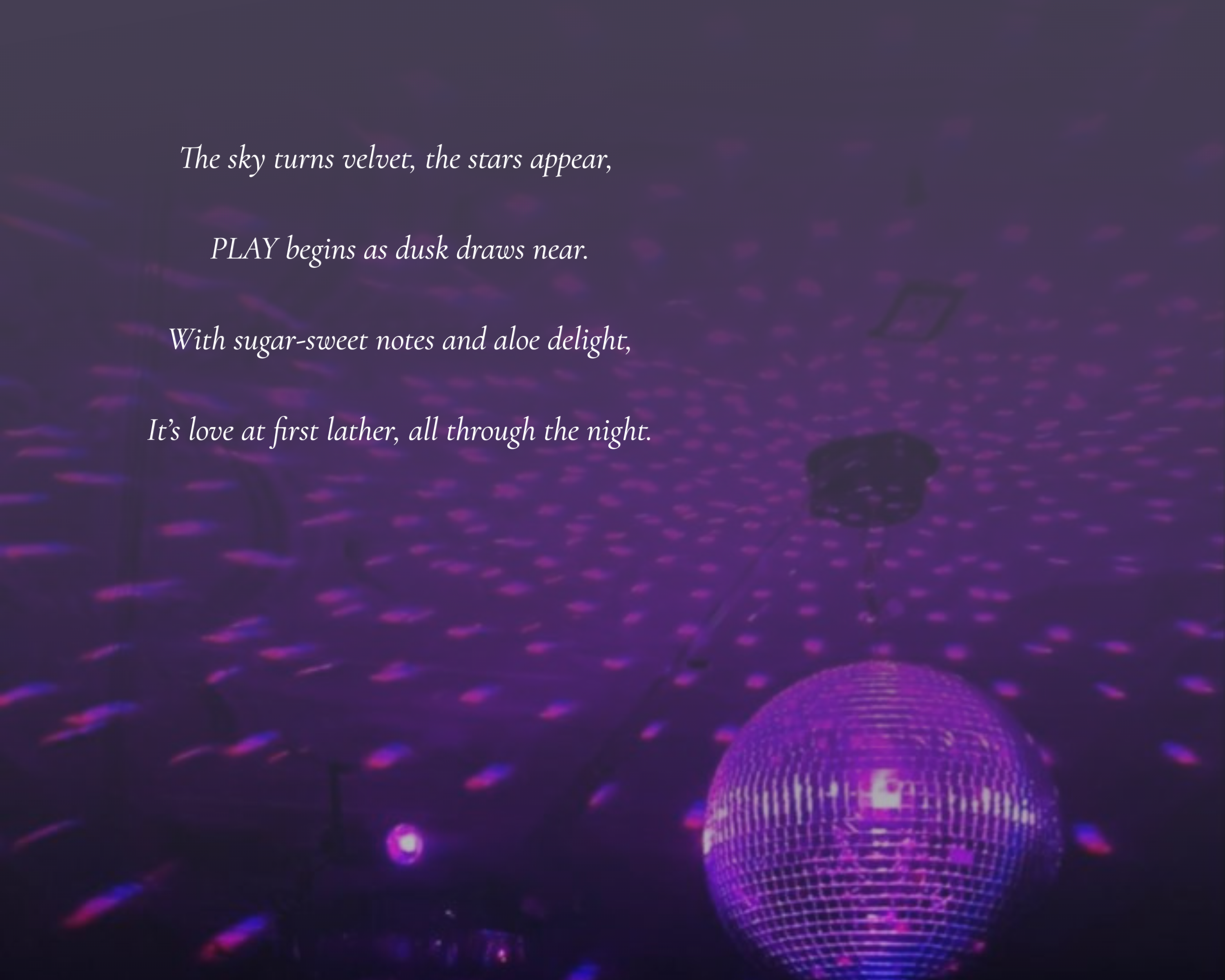 Purple disco ball with text on a dark background