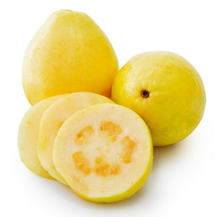 Yellow guava fruit and slices on a white background