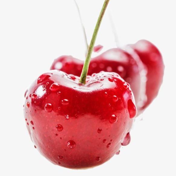 Close-up of two acerola cherries with water droplets on a white background