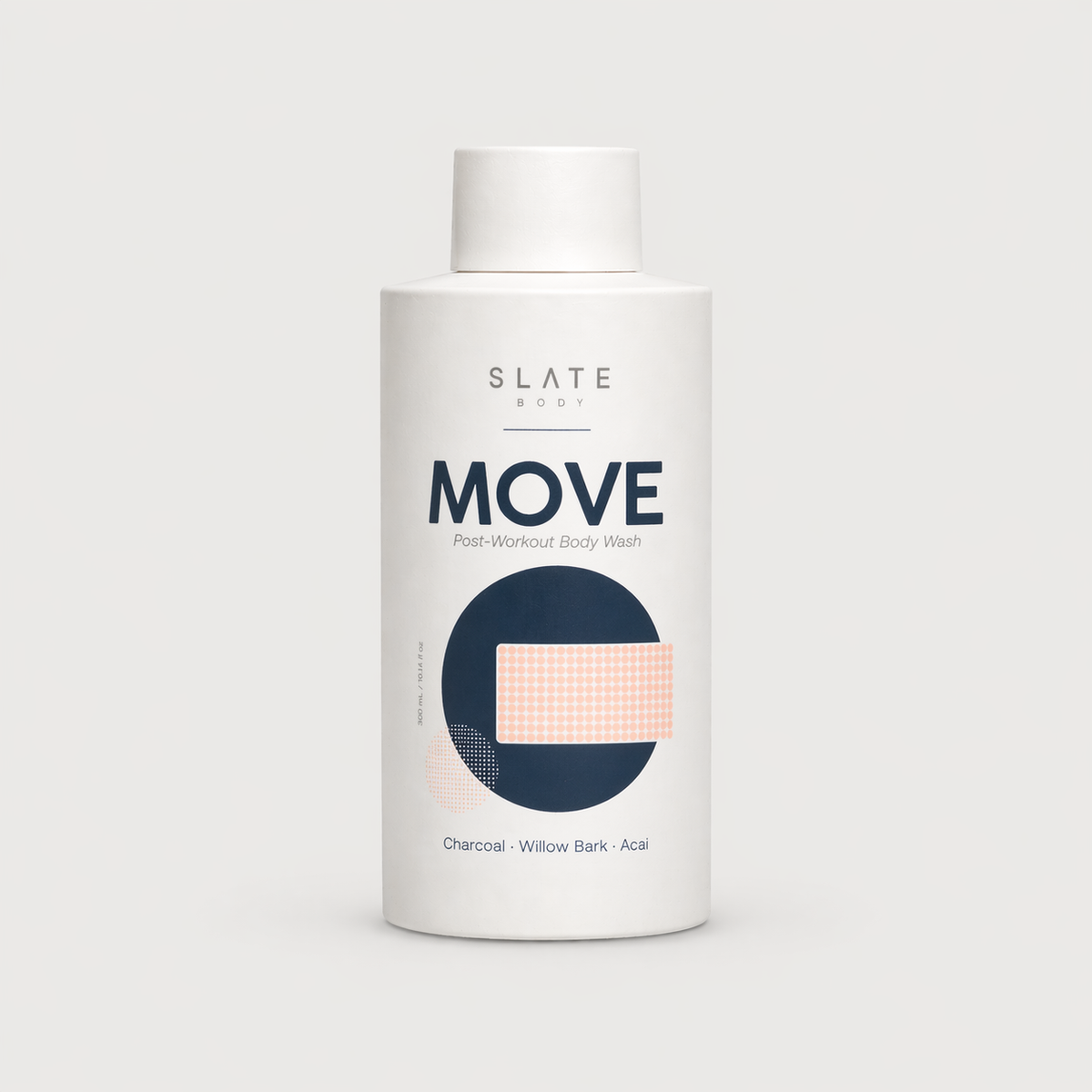 Bottle of Slate Body Move post-workout body wash on a light gray background