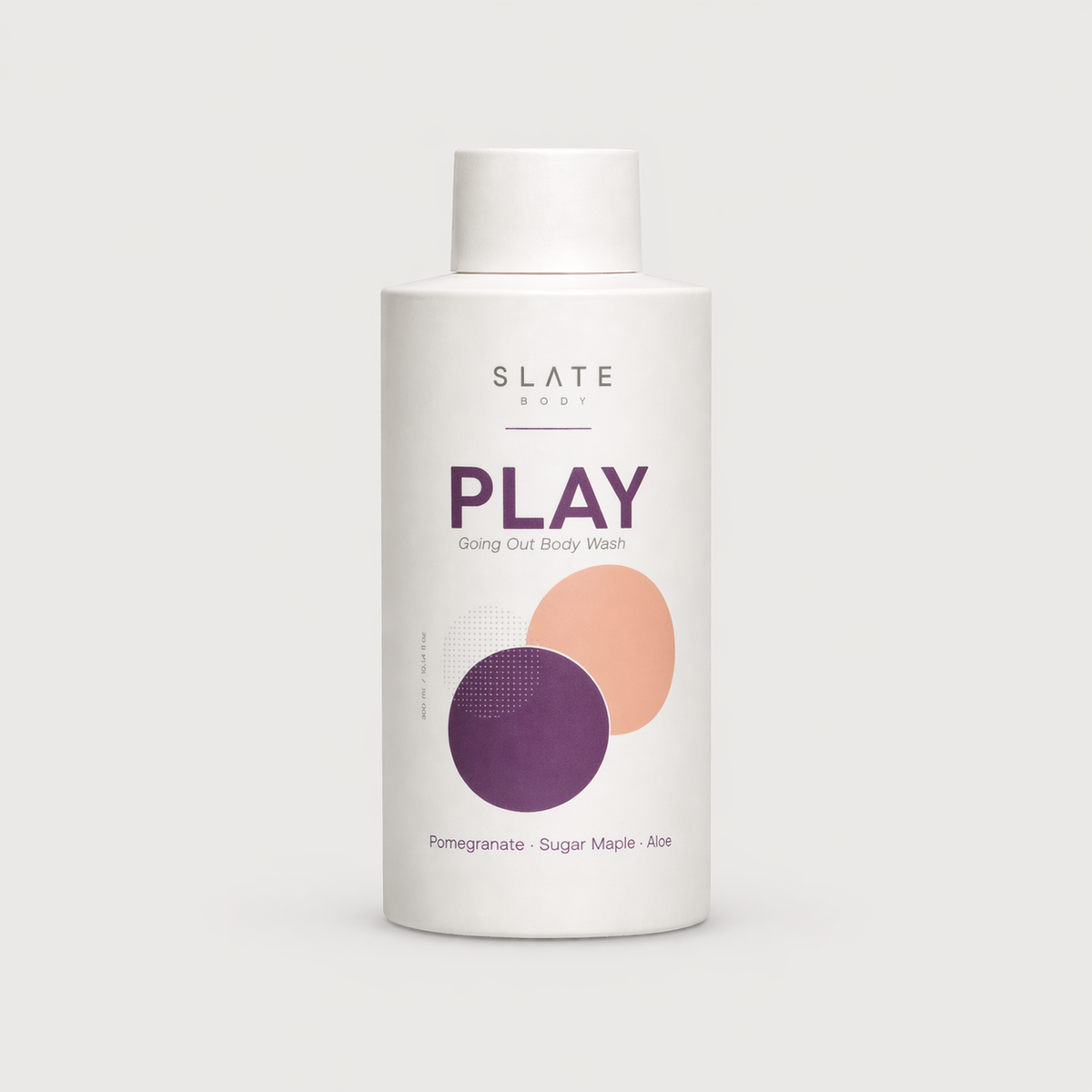Body wash bottle labeled 'Play' by Slate body on a white background