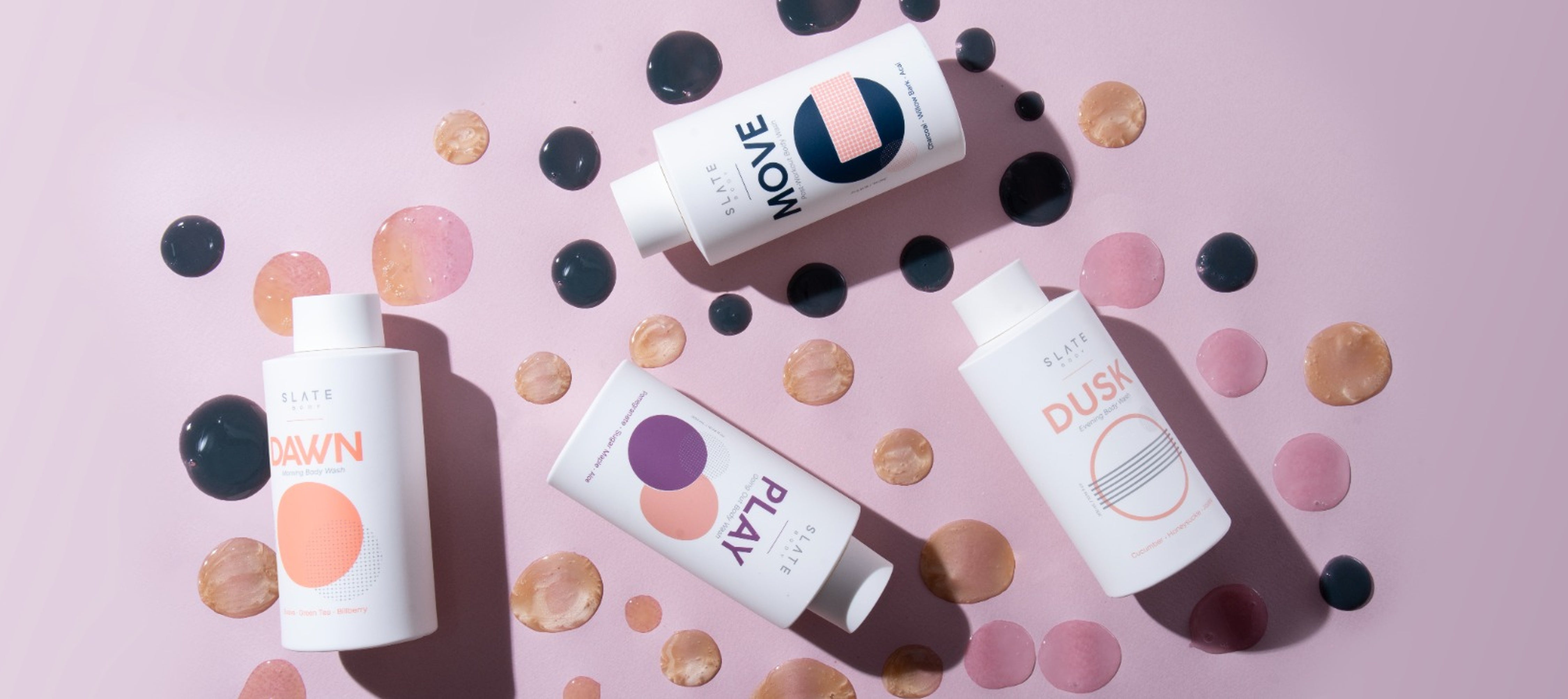 SLATE Body luxury mood-based body wash collection featuring DAWN, DUSK, MOVE, and PLAY, each crafted for a different moment. Sulfate-free, paraben free, phthalates free, vegan, and designed with a premium aesthetic for elevated self-care